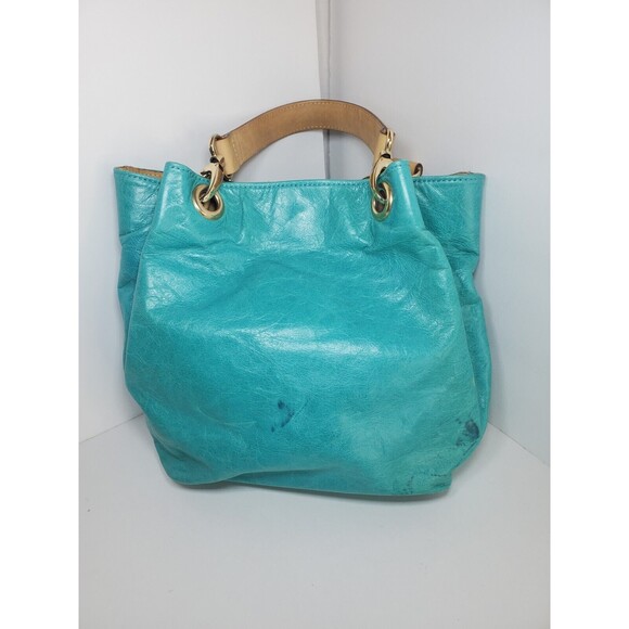 Maurizio Taiuti Italian Teal Blue Leather Mini Handbag 2 Handle Bucket - Picture 3 of 8